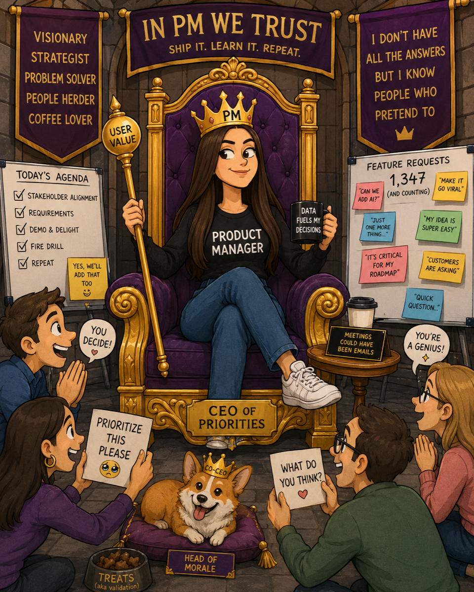 Kendall enthroned as Product Manager, with her corgi co-CEO